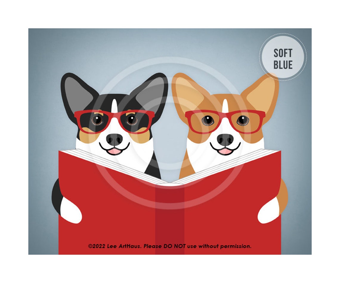 Two Corgi Dogs Red Glasses Reading Book Cute Library Decor Wall Poster - Image 2