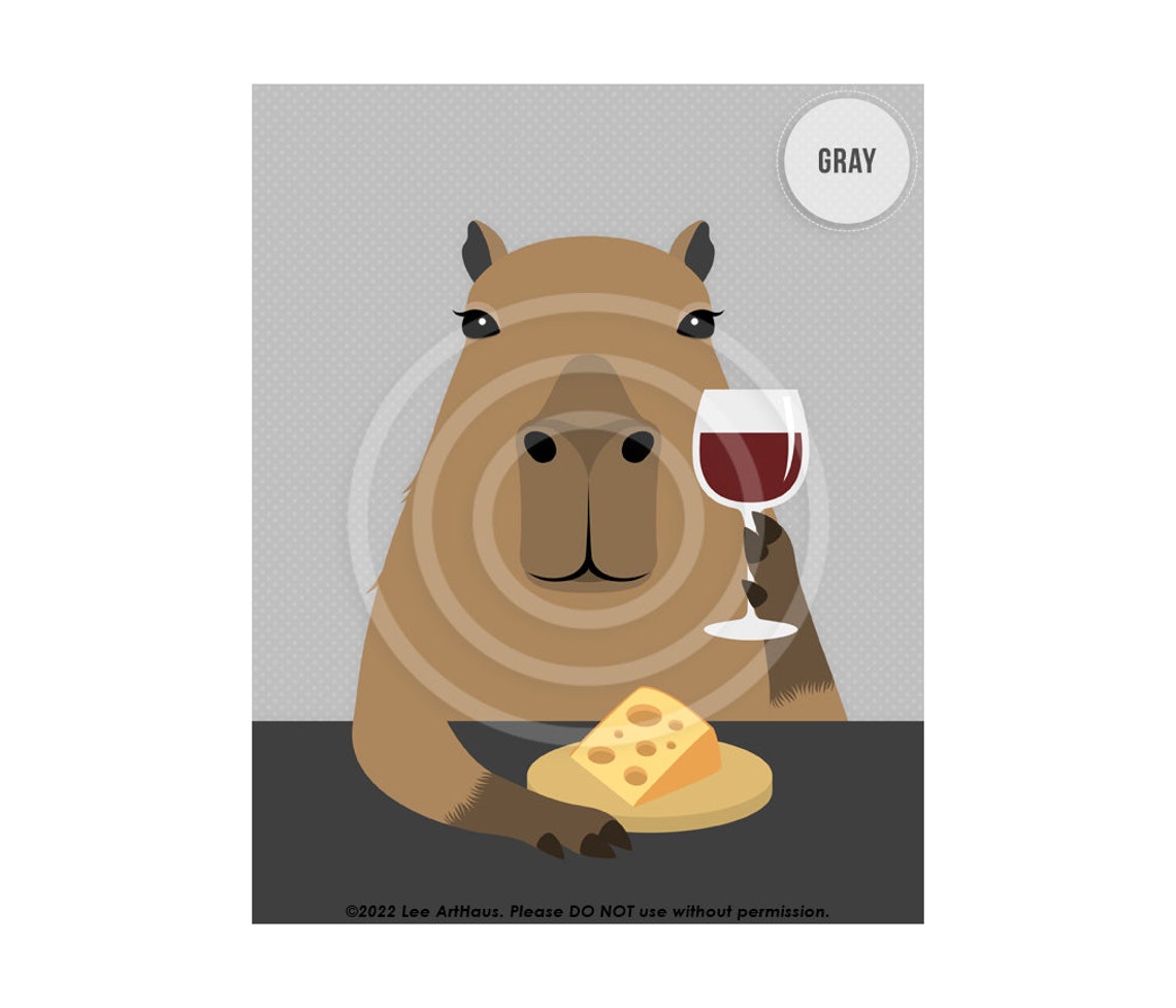Capybara Holding Wine Glass With Cheese Wedge Funny Art Poster - Image 3