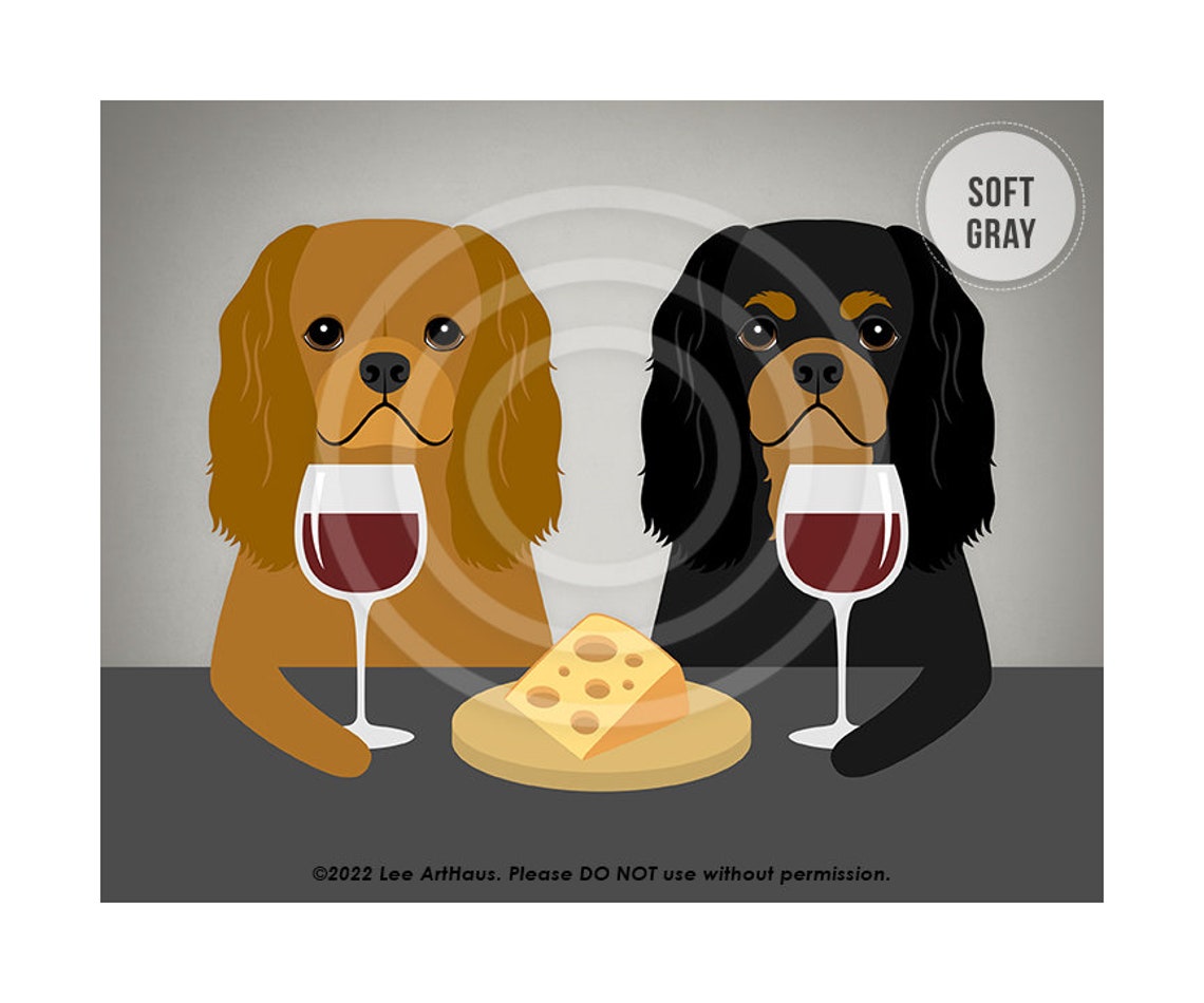 Two Cavalier King Charles Spaniels Drinking Wine Funny Dog Poster - Image 3