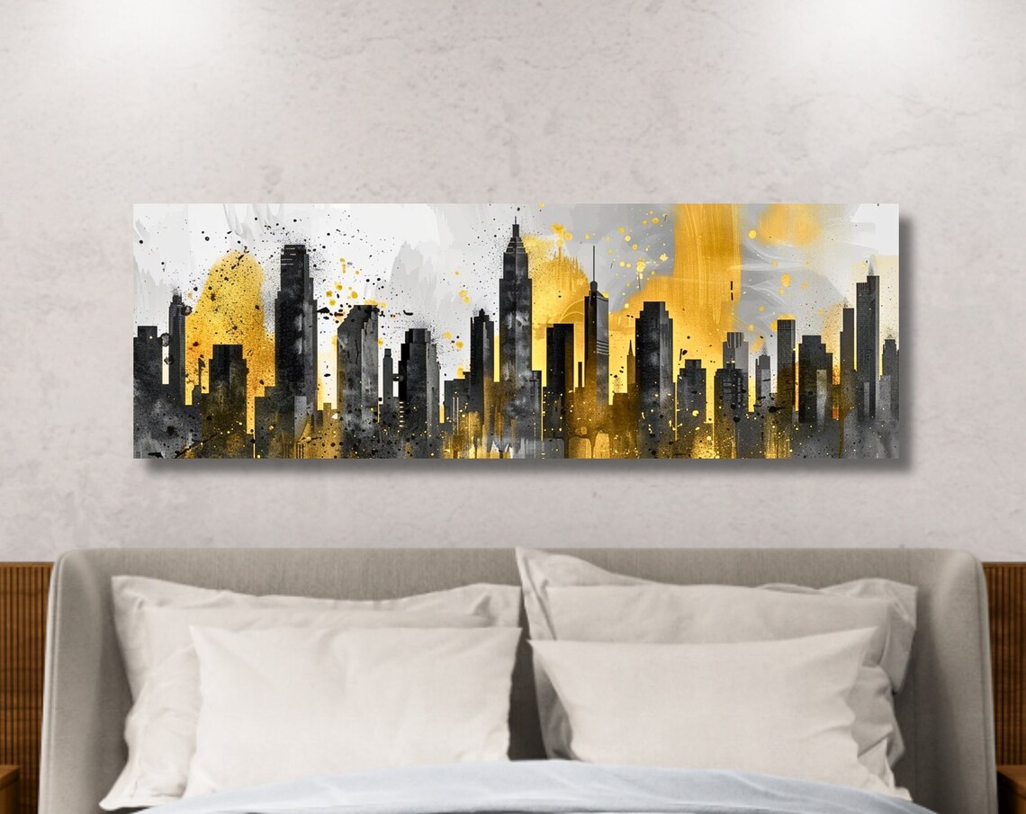 Black And Gold City Skyline Panoramic Modern Urban Art Poster