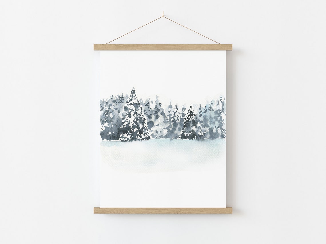 Minimal Watercolor Snowy Pine Forest Winter Landscape Wall Art Print - Image 3