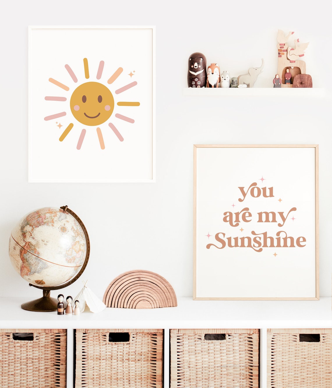 Smiley Sun Pink Gold Rays Nursery Wall Art Cute Playroom Kids Print - Image 3