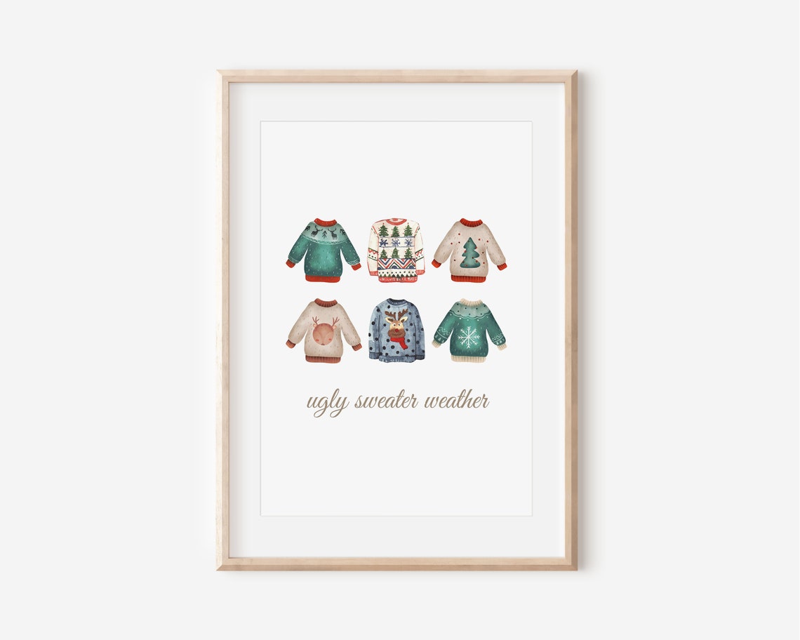 Watercolor Ugly Sweater Weather Print Christmas Sweaters Holiday Art - Image 3
