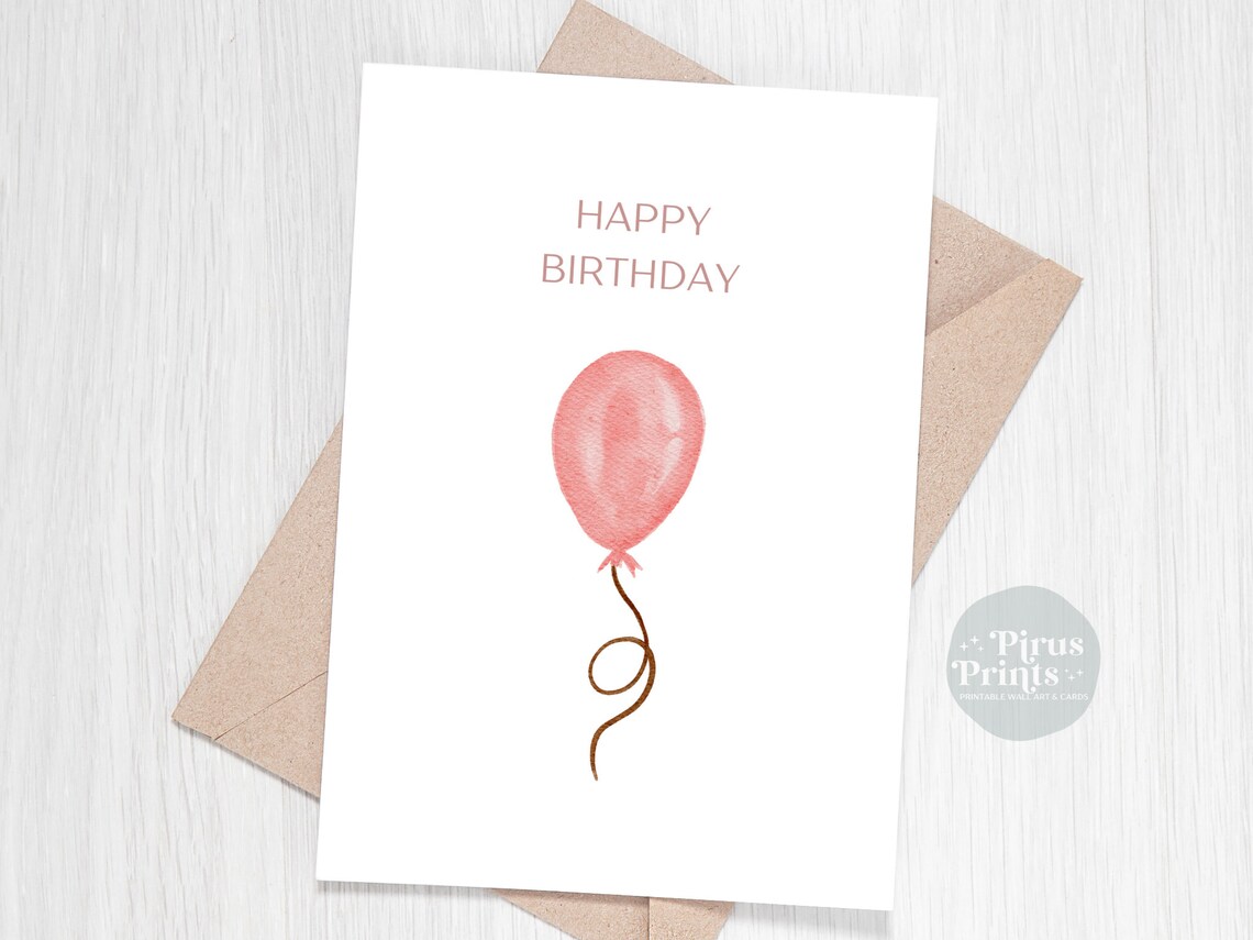 Birthday Card Minimal Watercolor Pink Balloon - Image 3