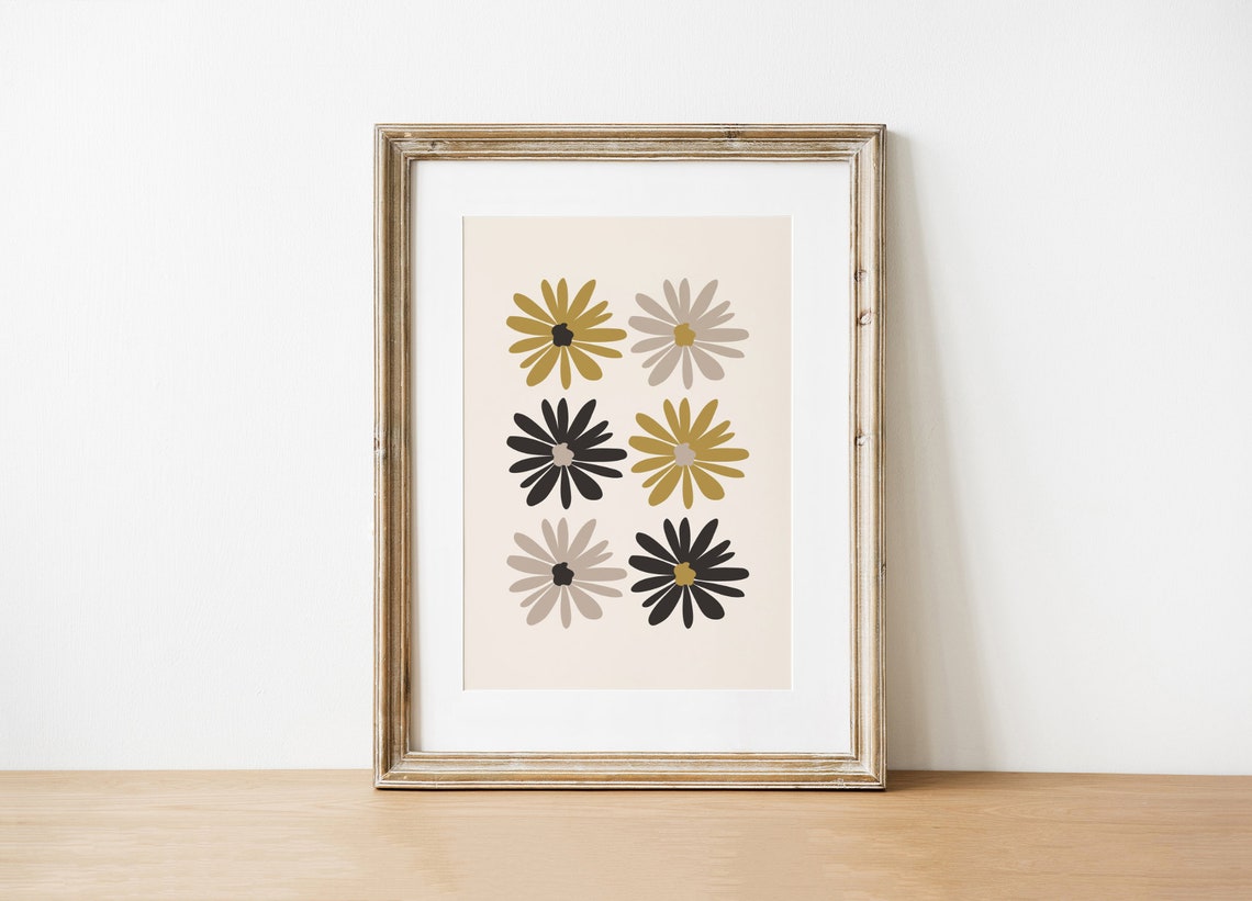 Retro Daisy Flower Grid Print Gold Black Boho Modern Floral Wall Art - Image 3