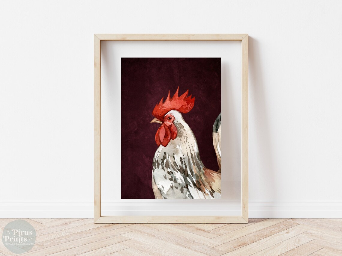 Rooster Watercolor Burgundy Rustic Farmhouse Animal Wall Art - Image 5