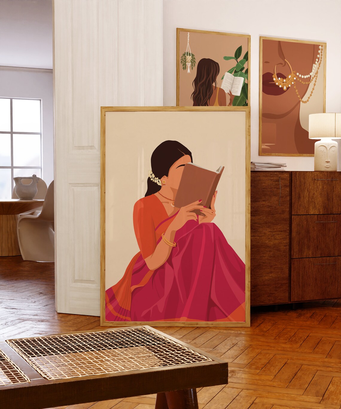 Women in Saree Reading Book, Boho Indian Art Print - Image 2