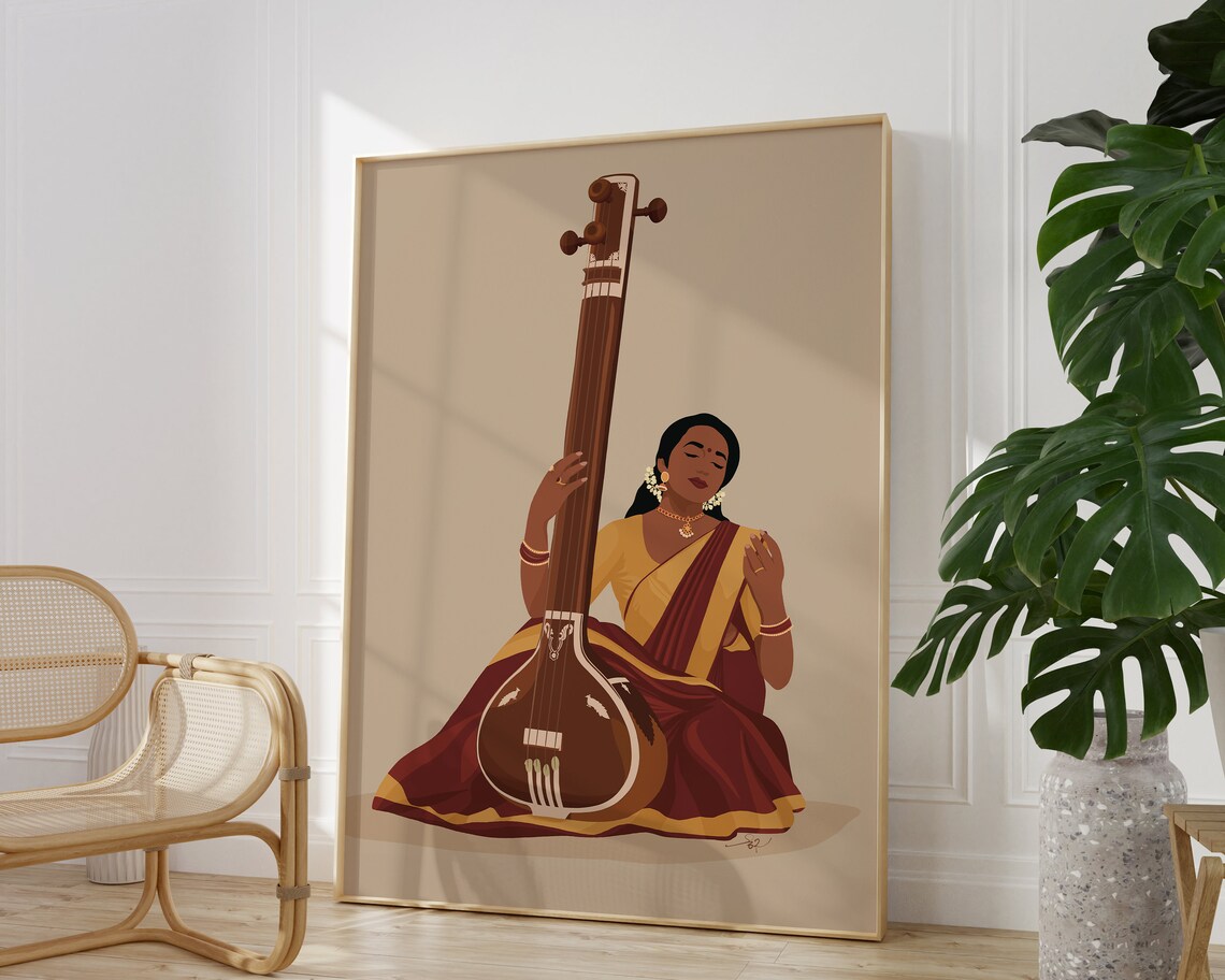 Indian Woman Playing Tanpura, Desi Music Art Print - Image 2
