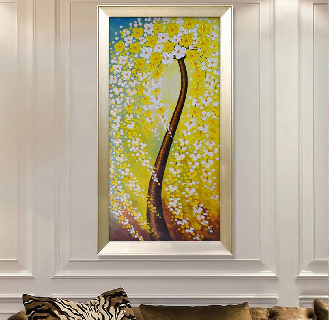 Curved Trunk Tree With Yellow White Blossoms Teal Oil Poster - Image 3