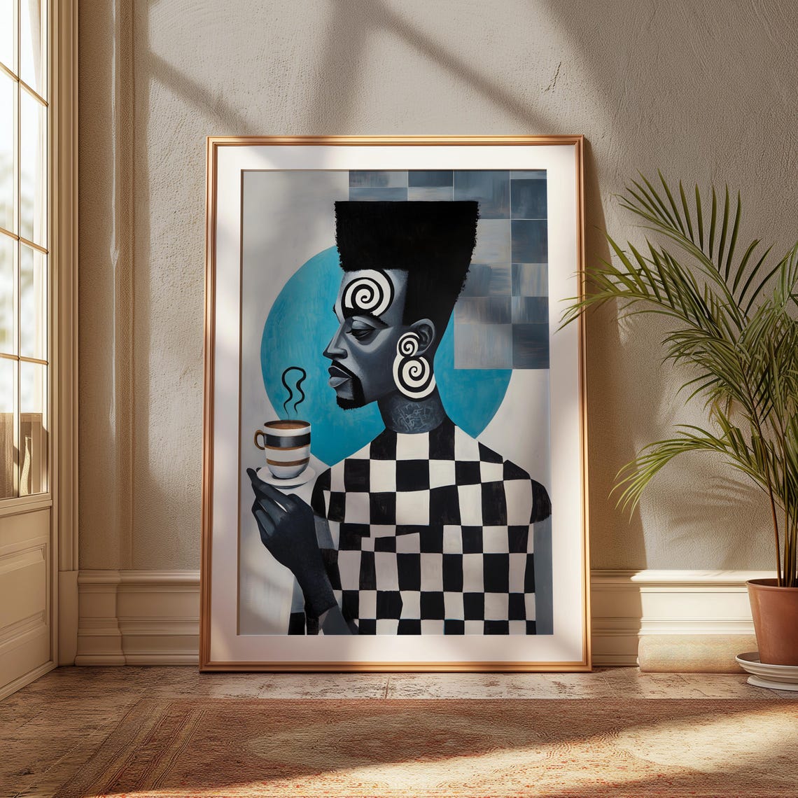 Abstract Black Man Coffee Cup Checkerboard Modern Portrait Poster - Image 3