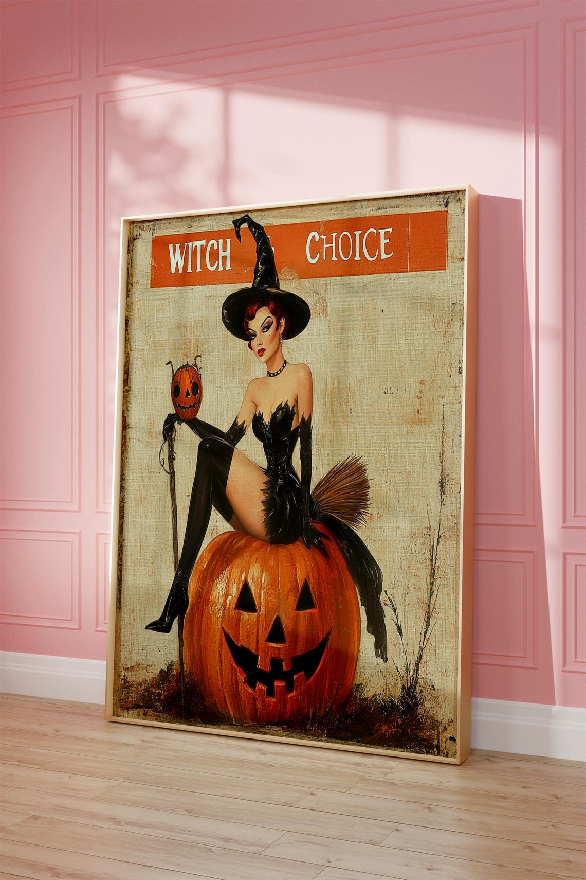 Vintage Witch Choice Pin-Up Sitting on Jack-O-Lantern Halloween Poster