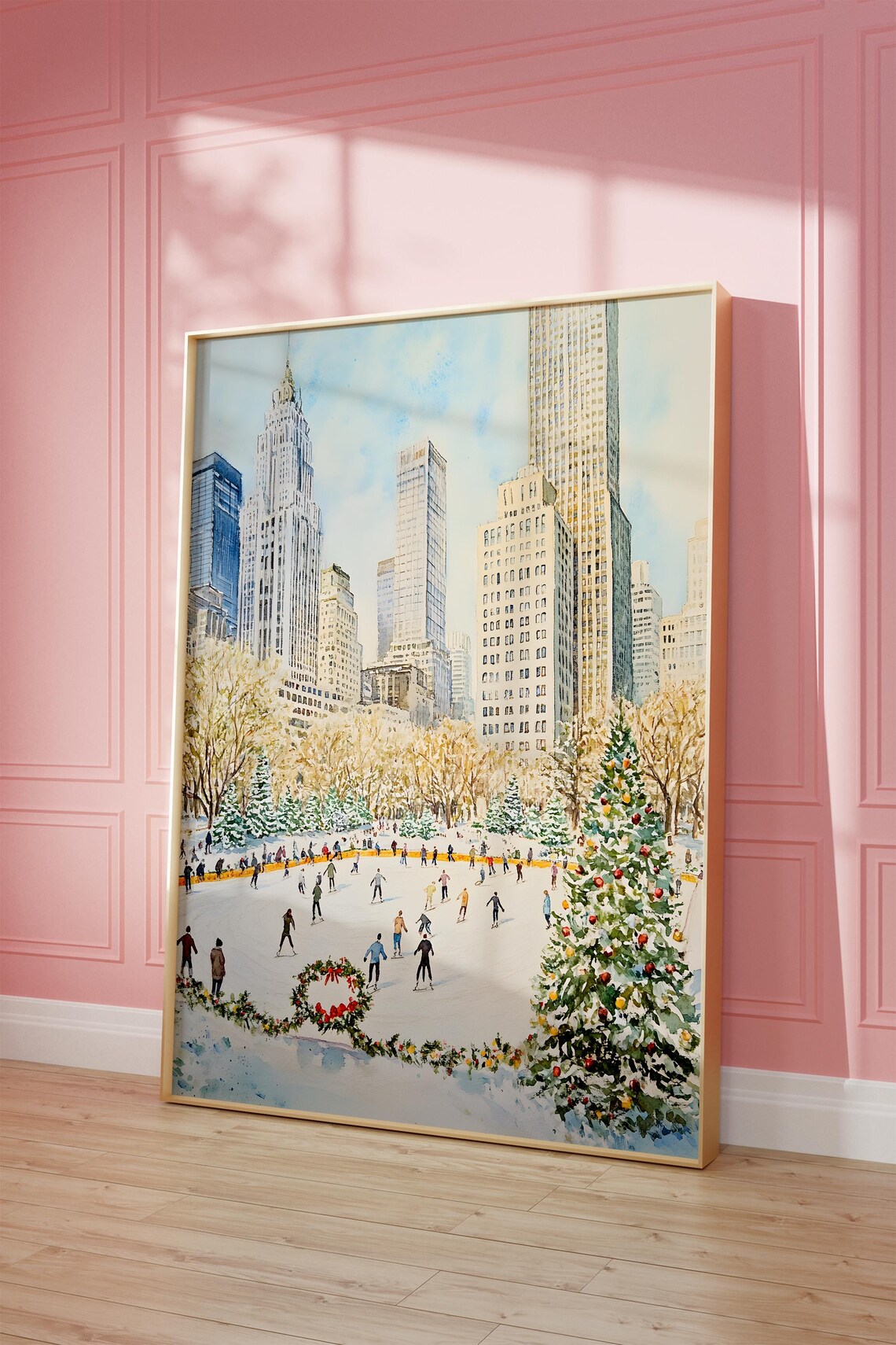 NYC Central Park Ice Skating Rink Christmas Watercolor Poster
