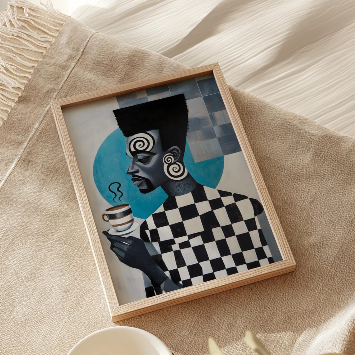 Abstract Black Man Coffee Cup Checkerboard Modern Portrait Poster - Image 2