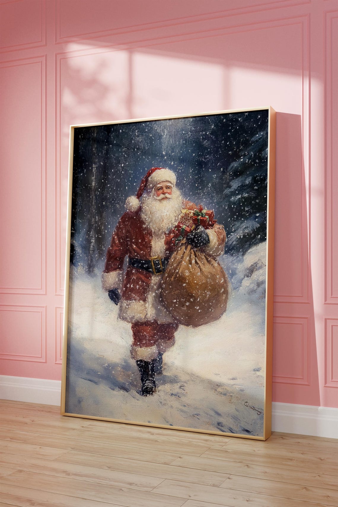 Vintage Santa Claus With Gift Sack Snowy Night Oil Painting Poster
