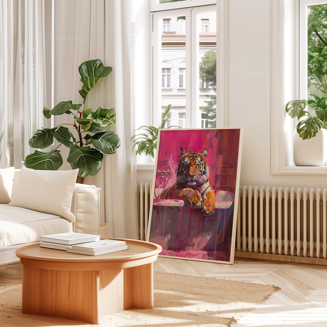 Tiger Lounging on Bathtub Hot Pink Paint Maximalist Jungle Poster - Image 3