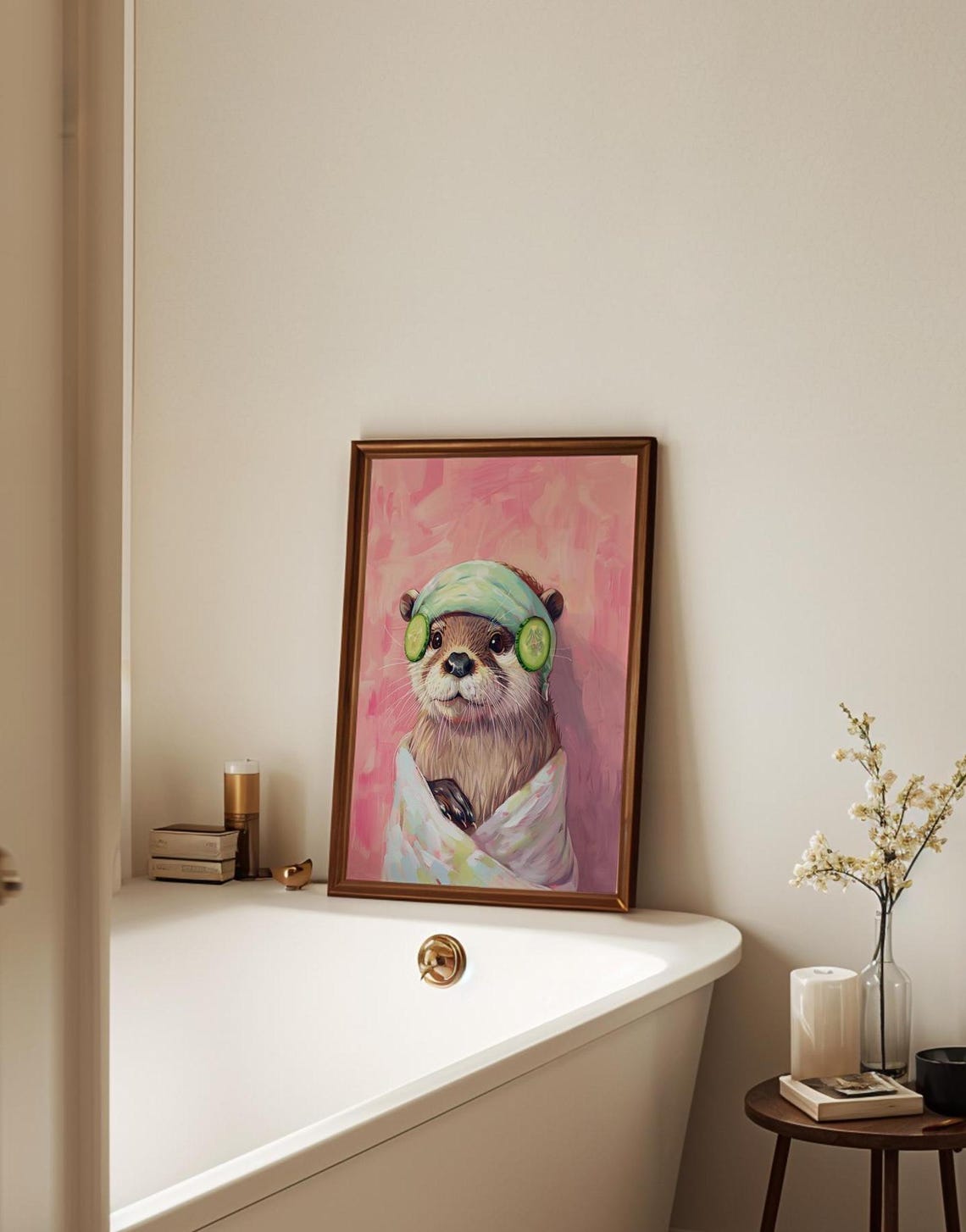 Relaxed Otter Spa Day With Cucumber Eyes Pink Background Poster - Image 3
