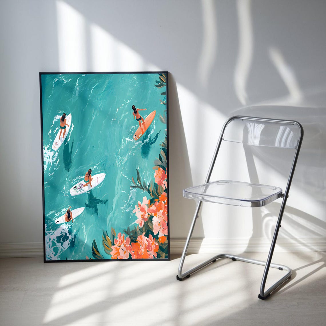 Surfer Girls Painting Aerial Surfers Wall Art Surfers Print Aerial Beach Prints Aerial Ocean Wall Decor Wave Print Coastal Wall Art - Image 3