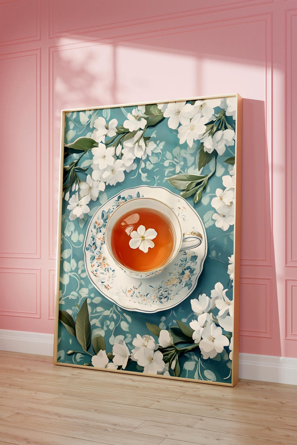 Floral Teacup Jasmine Blossom Teal Botanical Coffee Nook Poster - Image 2