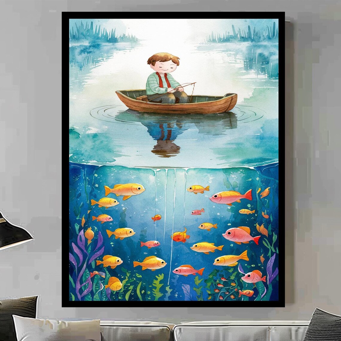 Boy Fishing From Canoe Above Colorful Underwater Fish Watercolor Wall Art - Image 3