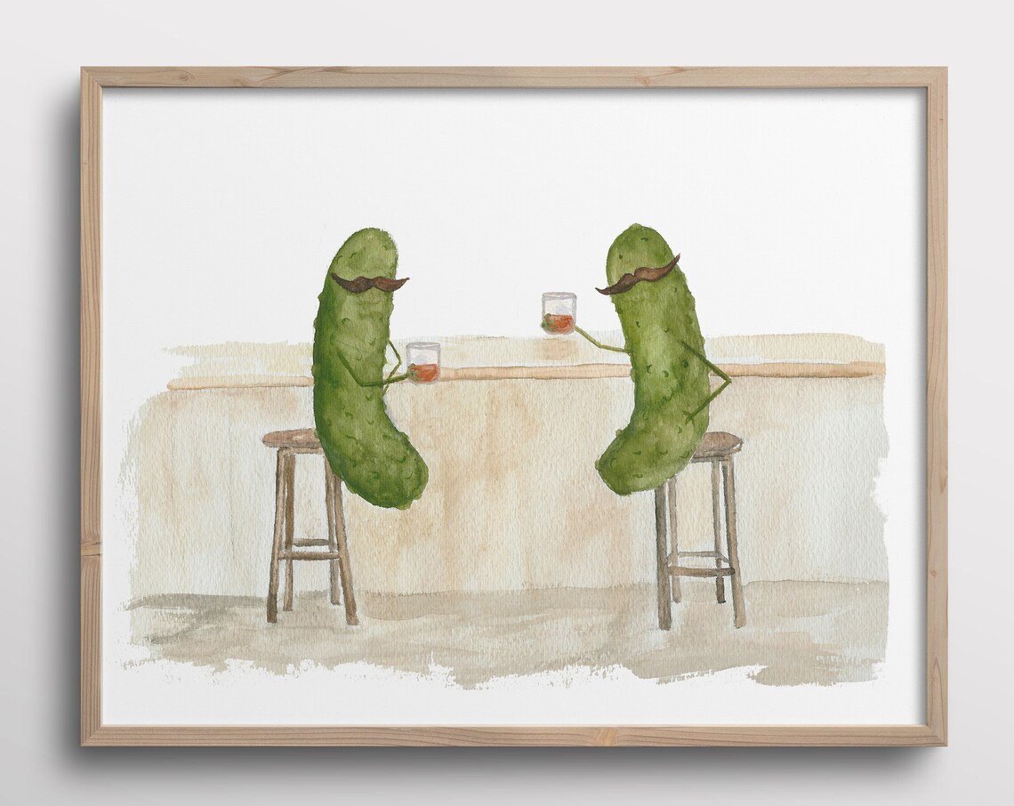 Whimsical Pickles With Mustaches Whiskey Bar Art Print