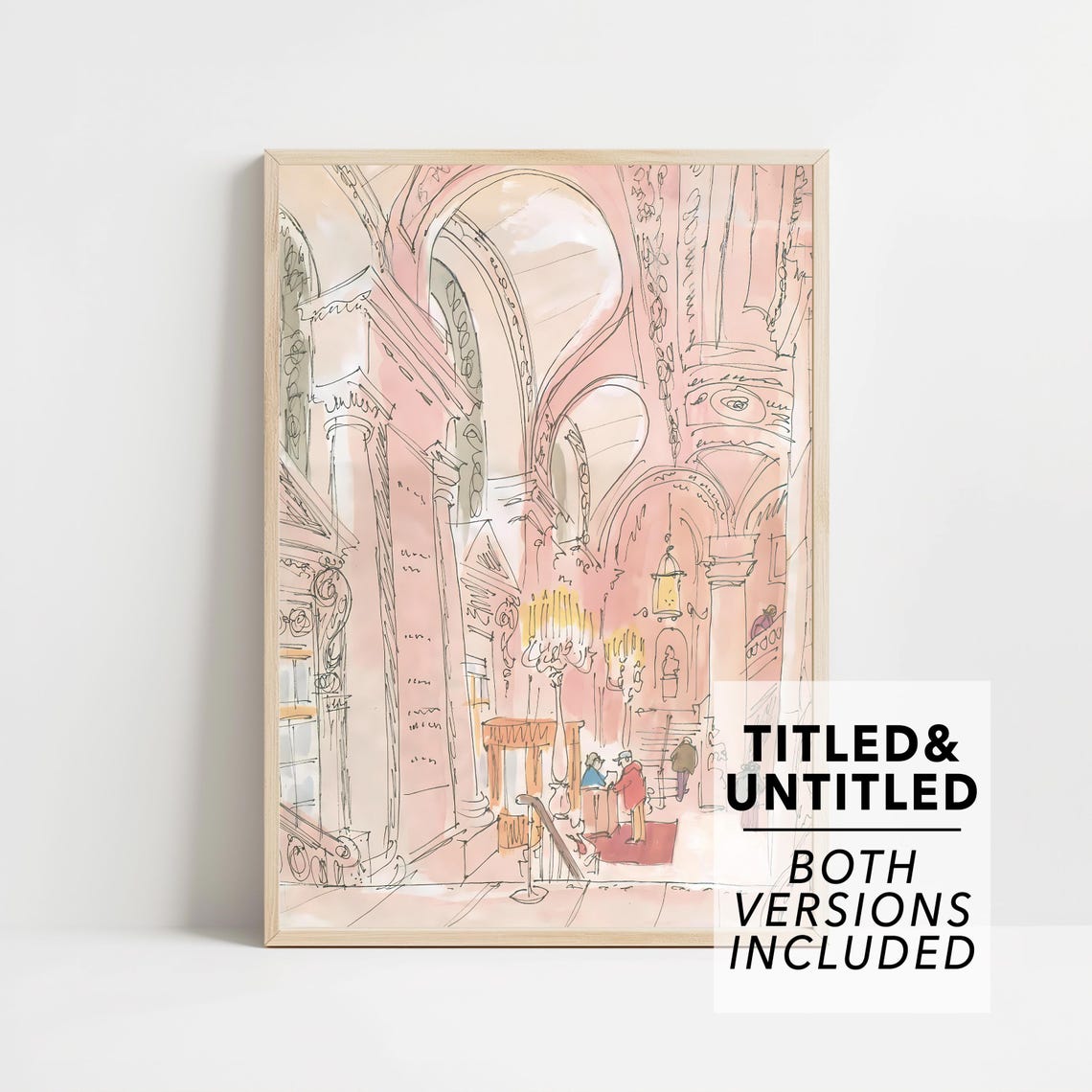 Blush Pink Cathedral Interior Line Drawing Grand Arched Hall Poster