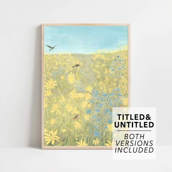 Wildflower Meadow Yellow Daisies Blue Birds Summer Field Art Poster