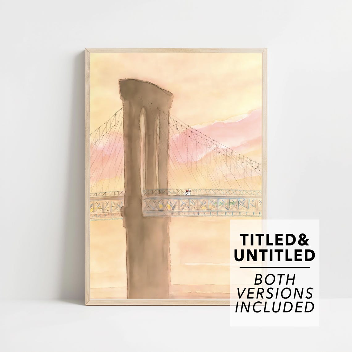Brooklyn Bridge Sunset Watercolor Cyclist Golden Hour Poster