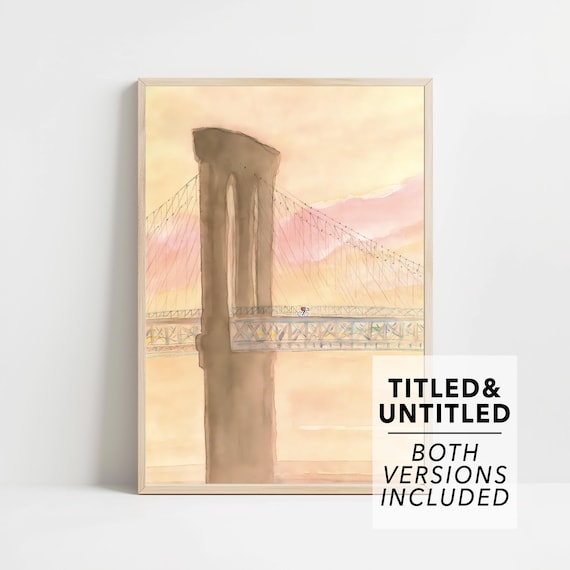Brooklyn Bridge Sunset Watercolor Cyclist Golden Hour Poster