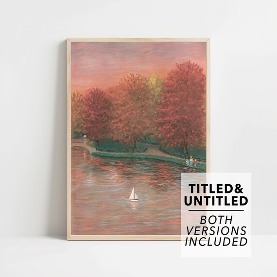 Autumn Park Lake Red Trees Sailboat Sunset Reflection Art Poster