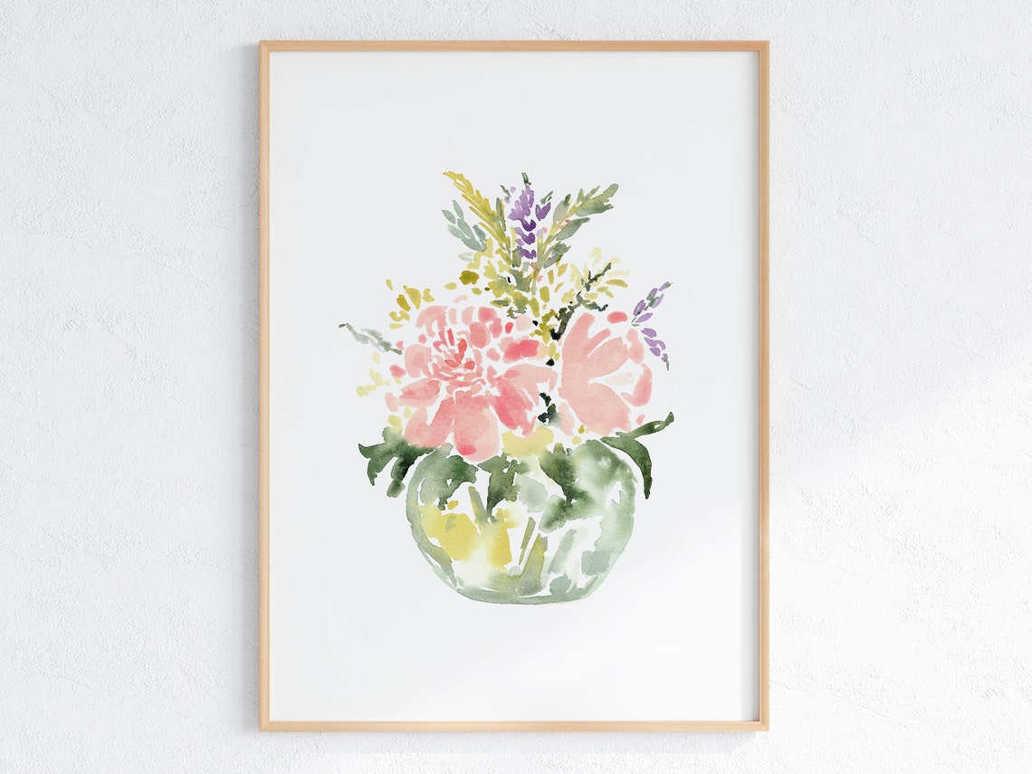Peony And Lavender Bouquet In Glass Vase Watercolor Floral Poster