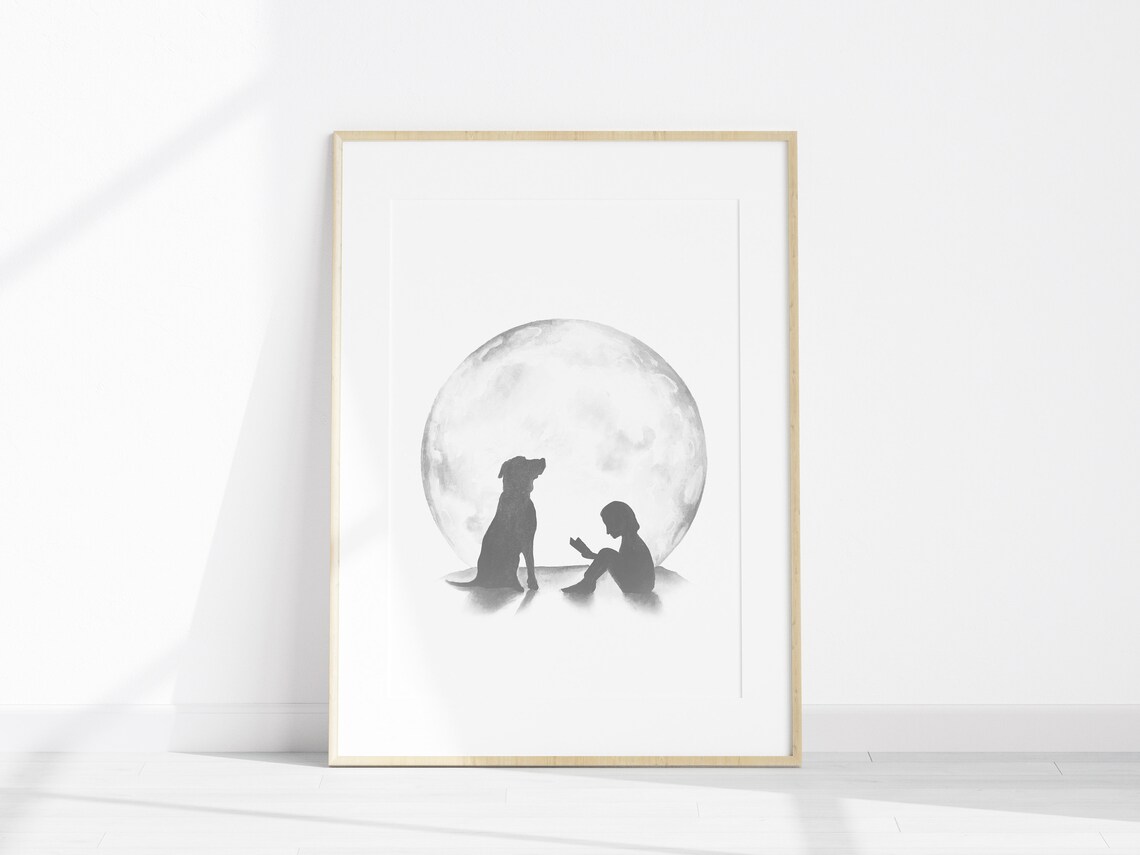 Girl Reading Book With Dog Under Full Moon Celestial Kids Poster - Image 2