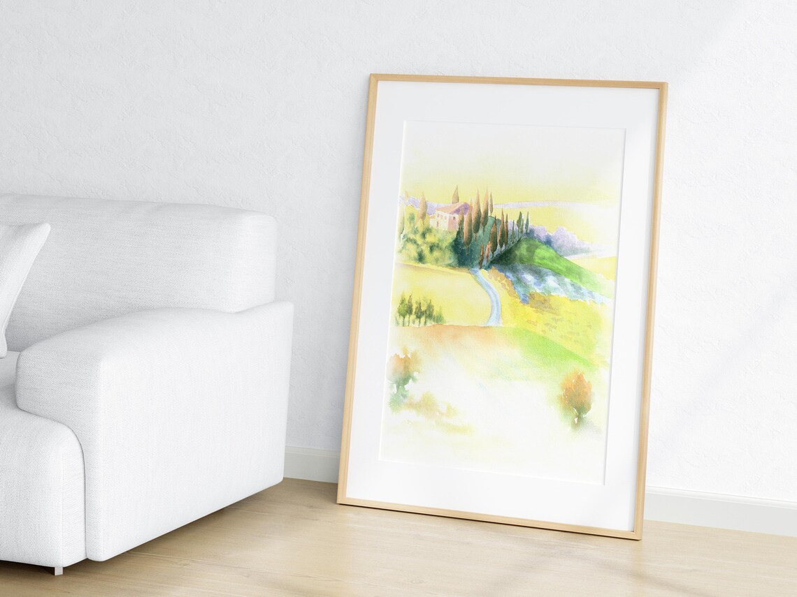 Tuscany Cypress Hills Villa Golden Hour Watercolor Italy Poster - Image 3