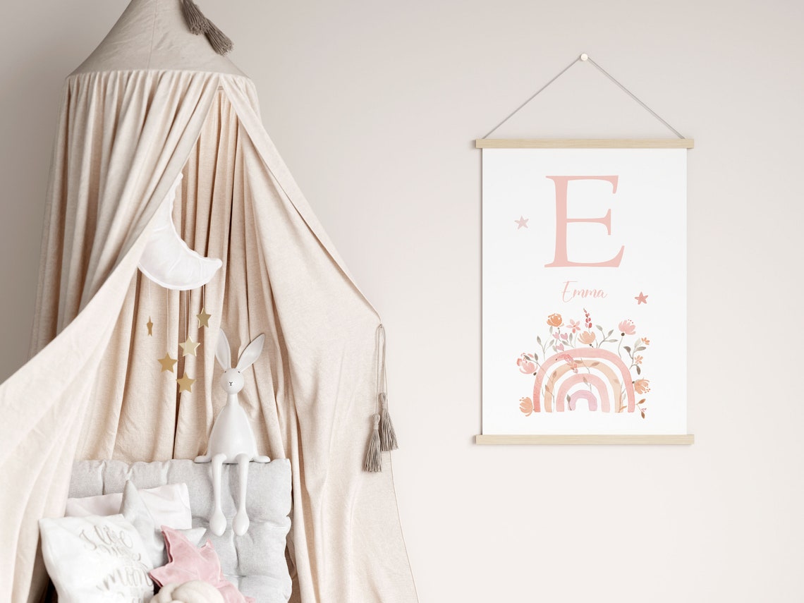 Personalized Initial Boho Rainbow Nursery Watercolor Floral Poster - Image 2