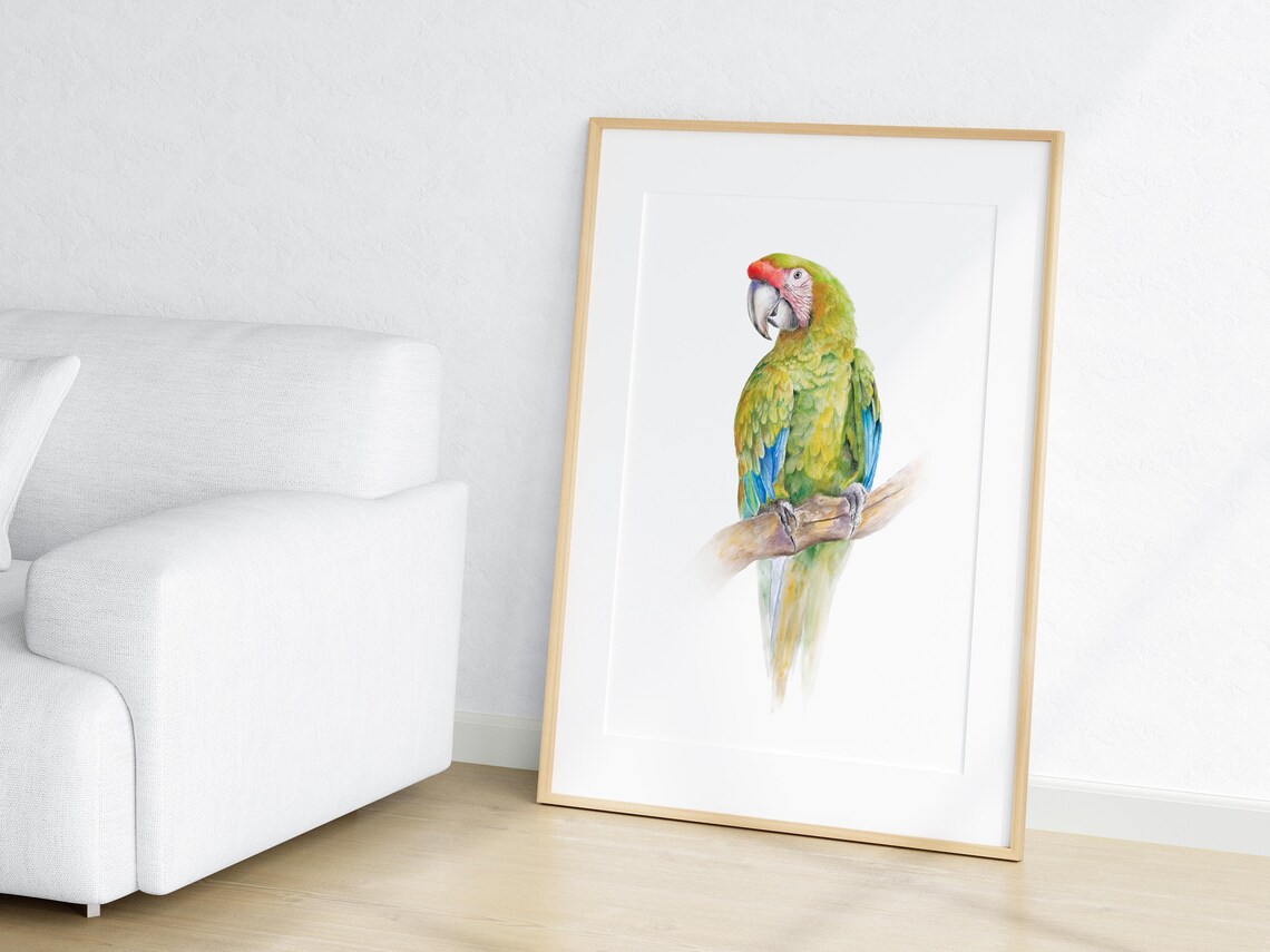 Green Macaw Parrot Watercolor Perched on a Wooden Branch Wall Art - Image 3