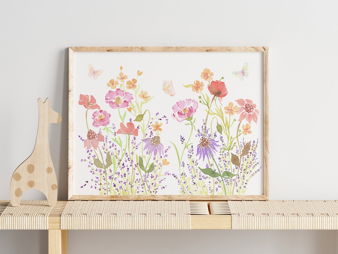 Butterflies and Wildflowers Watercolor Poster in Horizontal Format - Image 3