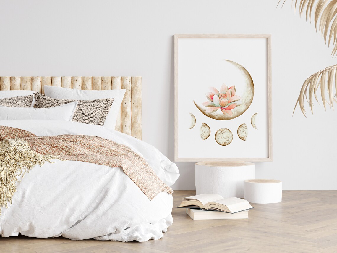 Pink Lotus On Crescent Moon With Moon Phases Spiritual Wall Art - Image 2