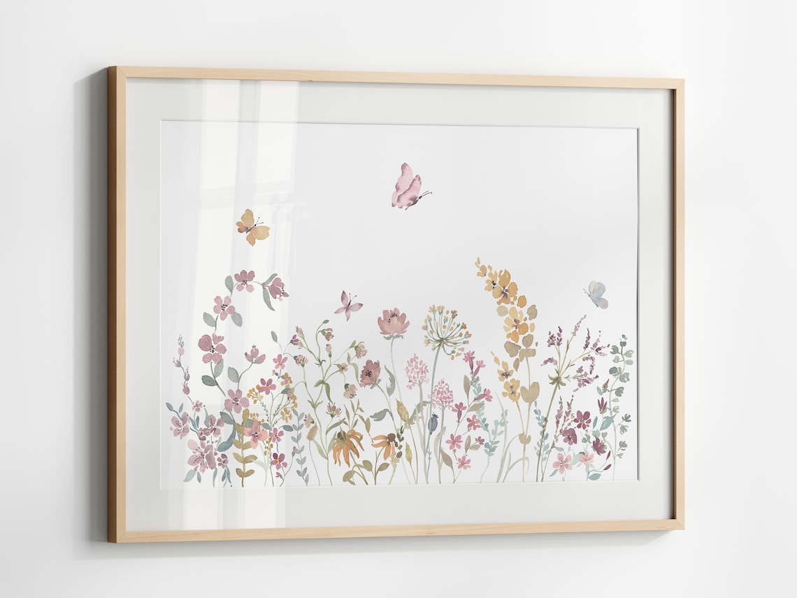 Watercolor Wildflower Butterfly Boho Nursery Art Print