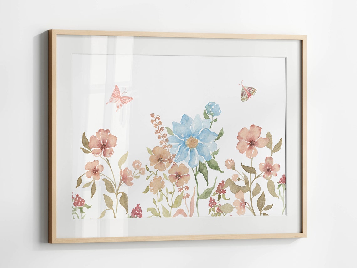 Horizontal Boho Wildflower Watercolor With Butterflies Wall Art - Image 3
