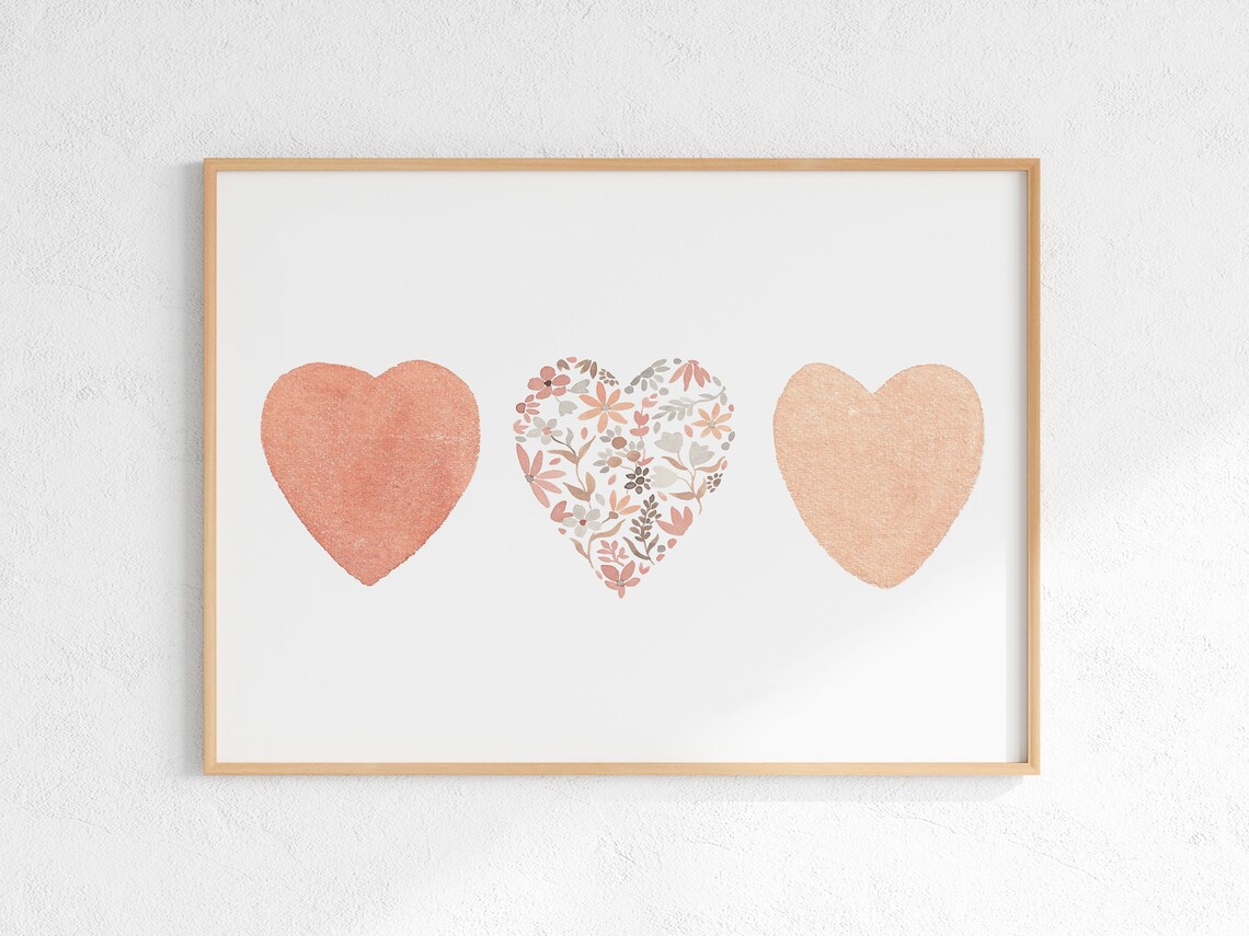 Three Hearts Boho Watercolor Flower Heart Art Print