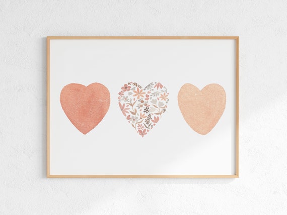 Three Hearts Boho Watercolor Flower Heart Art Print