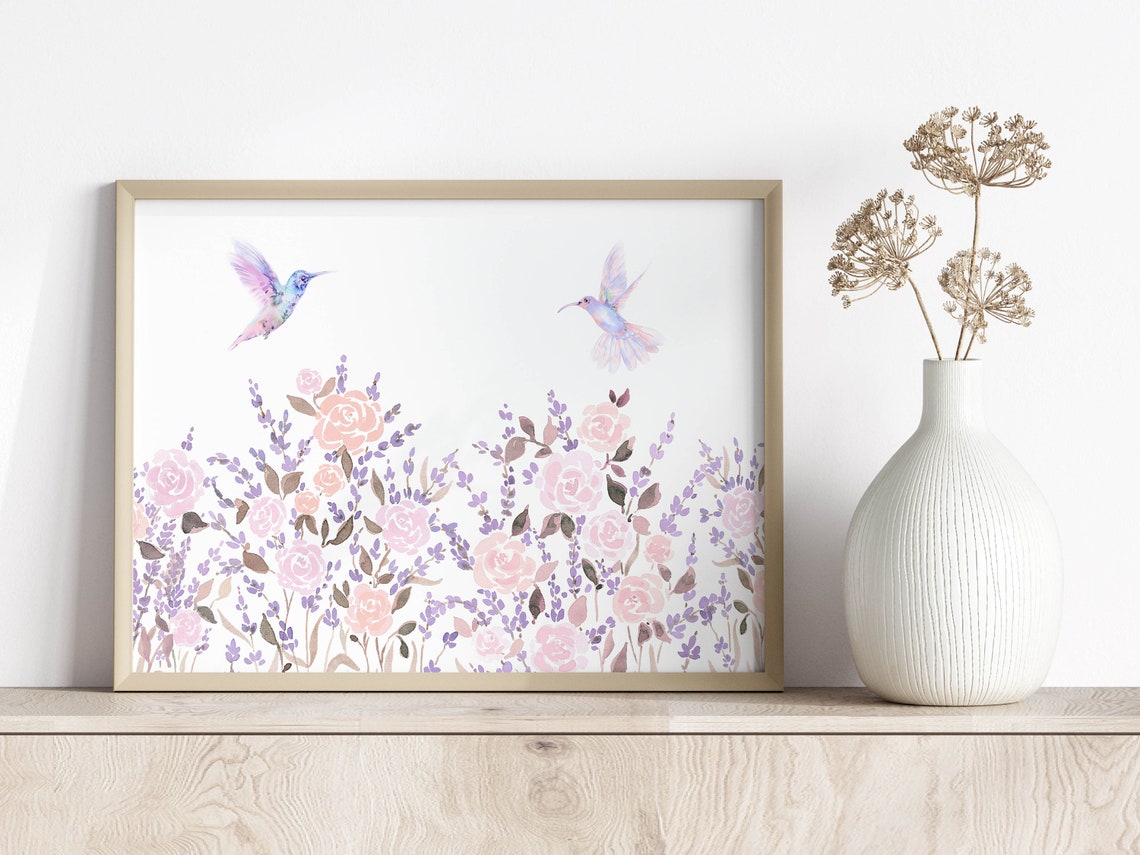 Hummingbirds and Lavender Watercolor Poster with Pink Rose Garden - Image 3