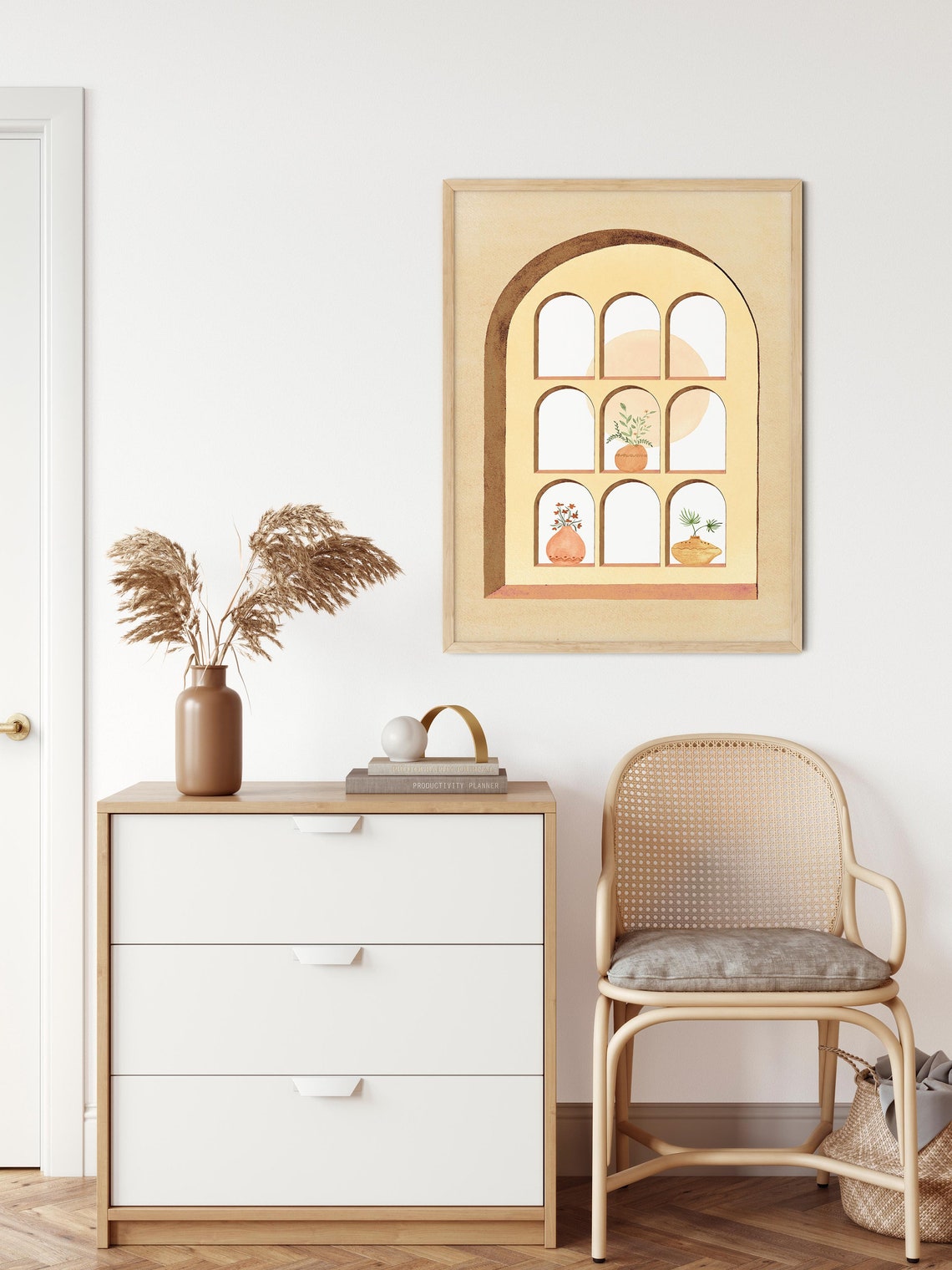 Mid Century Arched Window with Potted Plants Neutral Tone Poster - Image 2