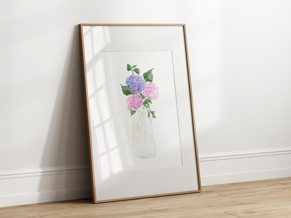 Pink and Blue Hydrangea Glass Vase Watercolor Bouquet Poster - Image 2