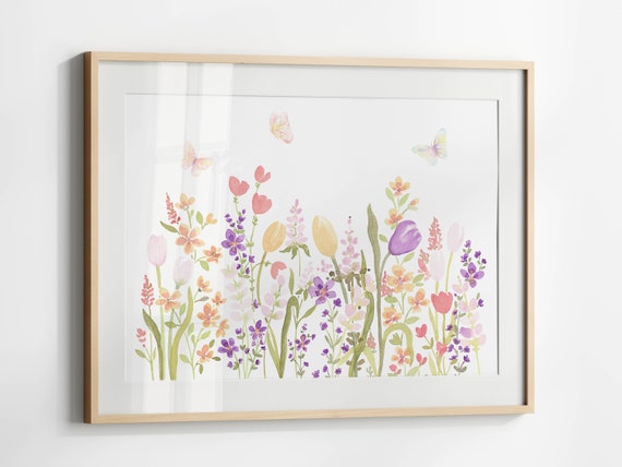 Wildflowers With Butterflies Watercolor Print Horizontal Spring Floral Poster Bright Flower Wall Art Instant Artwork