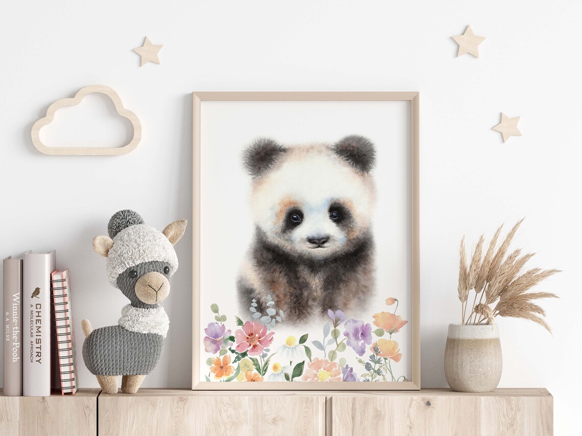 Baby Panda Watercolor Flowers Sweet Nursery Animal Art Poster - Image 3