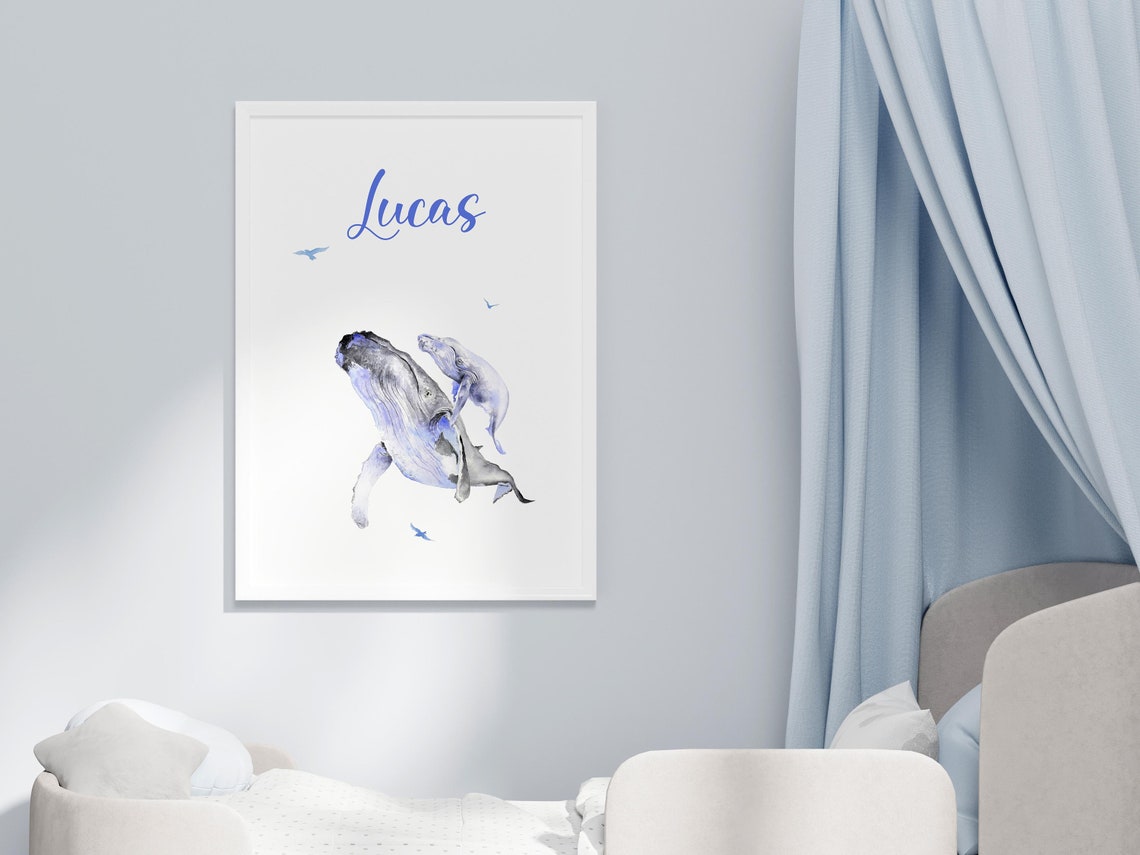 Lucas Personalized Humpback Whales Watercolor Nursery Art Poster - Image 2