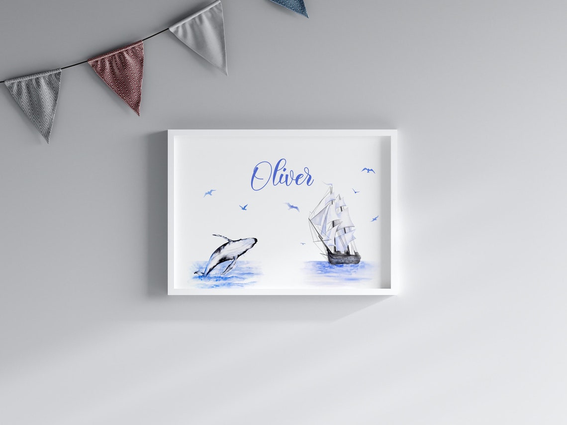 Oliver Personalized Sailboat Humpback Whale Nautical Nursery Poster - Image 3