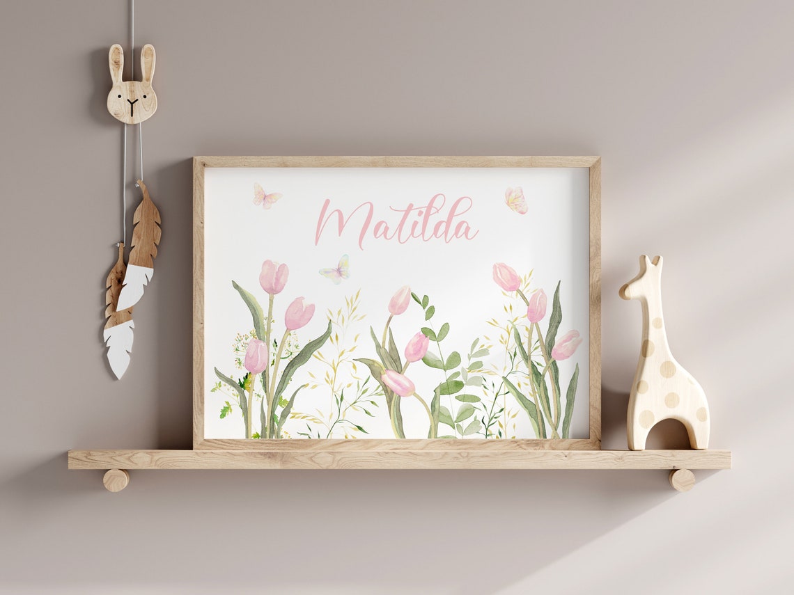 Personalized Matilda Name Pink Tulips Watercolor Nursery Poster - Image 3
