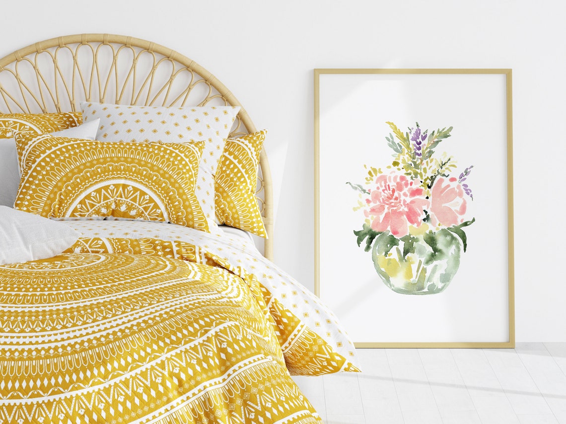 Peony And Lavender Bouquet In Glass Vase Watercolor Floral Poster - Image 2