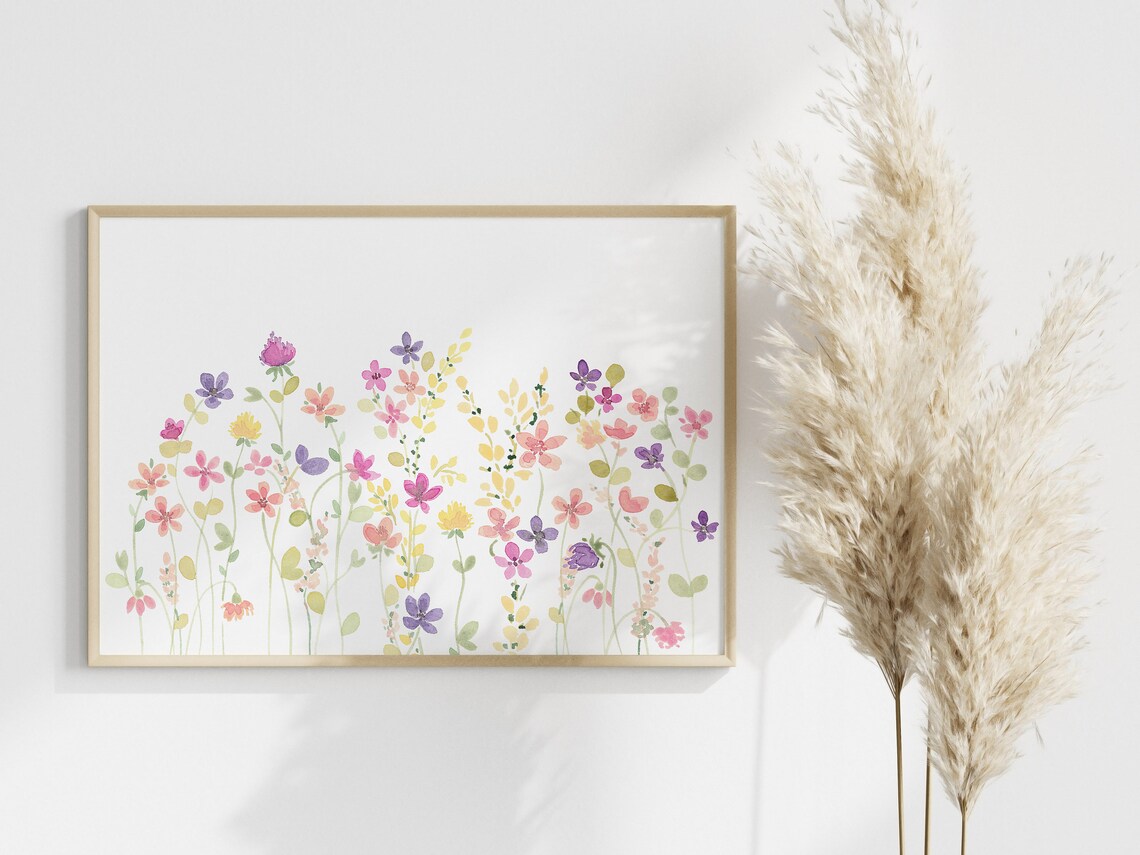 Colorful Wildflower Meadow Horizontal Watercolor Garden Art Print
